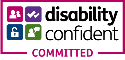 Disability Confident Committed logo, featuring four coloured squares with icons representing different aspects of disability and inclusion, alongside the text 'Disability Confident Committed