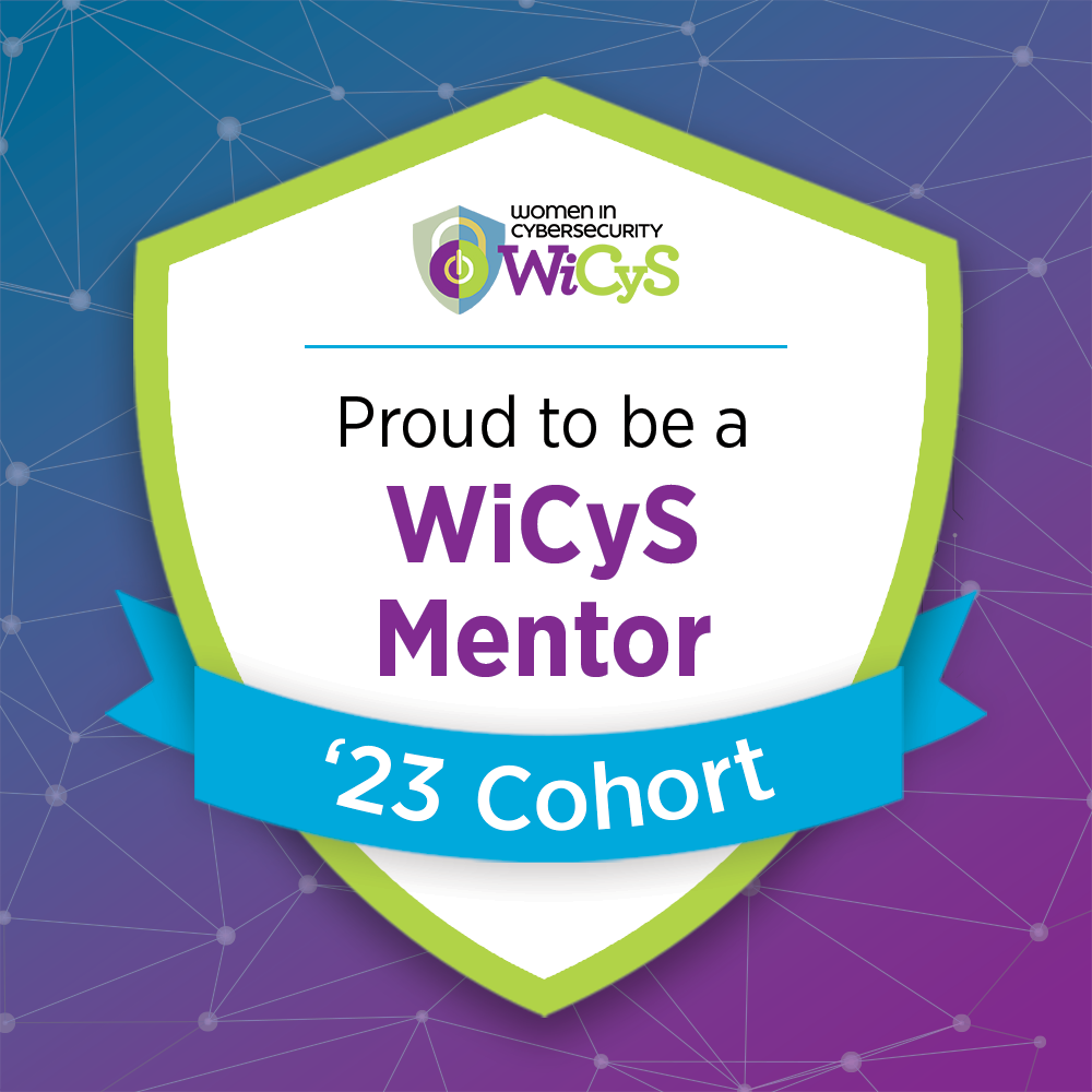 Purple background with a white shield edged with a lime green. The shield contains the WiCys logo and the words 'Proud to be a WiCys Mentor'. There is a bright blue ribbon across the bottom of the shield with the writing '23 Cohort