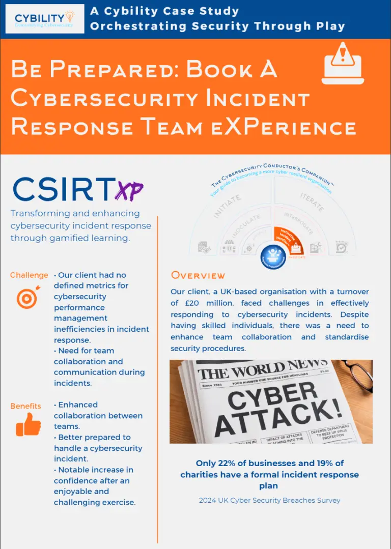 Cybility case study poster titled “Be Prepared: Book a Cybersecurity Incident Response Team eXperience.” The top banner shows the Cybility logo and strapline “Demystifying Cybersecurity” with a small alert icon. The left column introduces “CSIRTXP – Transforming and enhancing cybersecurity incident response through gamified learning,” lists the client’s challenges (no defined metrics, performance management inefficiencies, and need for collaboration during incidents), and highlights benefits such as enhanced team collaboration, better preparedness, and increased confidence after an enjoyable exercise. The right column “Overview” describes a UK‑based organisation with £20 million turnover needing to improve incident response and standardise security procedures, illustrated by a newspaper headline “CYBER ATTACK!” Below, a statistic reads “Only 22% of businesses and 19% of charities have a formal incident response plan – 2024 UK Cyber Security Breaches Survey.”