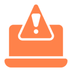 Orange warning icon on a transparent, grey‑and‑white chequered background. A stylised laptop shape supports a triangle containing an exclamation mark, suggesting a computer alert, security warning, or system error message. The icon used by Cybility to represent 'Investigate'