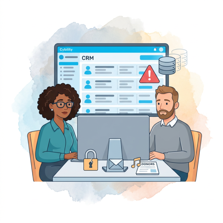 Two people sit at a desk, working on laptops, with a large screen behind them showing a CRM system labelled “CRM” listing contact records. A red warning triangle with an exclamation mark overlays the CRM screen, and stacked database icons appear beside it, indicating a data or system issue. On the desk are a padlock symbol, an envelope, and a document titled “DONORS,” suggesting sensitive donor data and communications at risk. Both people look serious and focused, highlighting concern about a CRM security or availability problem caused by a supply‑chain incident.