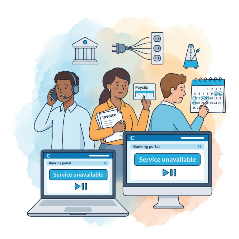 Three people stand in front of two computer screens that both show a “Banking portal” page with a large message reading “Service unavailable.” One person on the left wears a headset and looks concerned while taking a call, the person in the middle holds an “Invoice” document and a “Payslip” card with a worried expression, and the person on the right points to dates circled and crossed out on a wall calendar. Icons of a bank building, a power outlet strip, and a metronome appear above them, symbolising financial services, infrastructure, and timing. The illustration represents a banking or payroll disruption caused by a supply‑chain incident and its impact on staff and payments.
