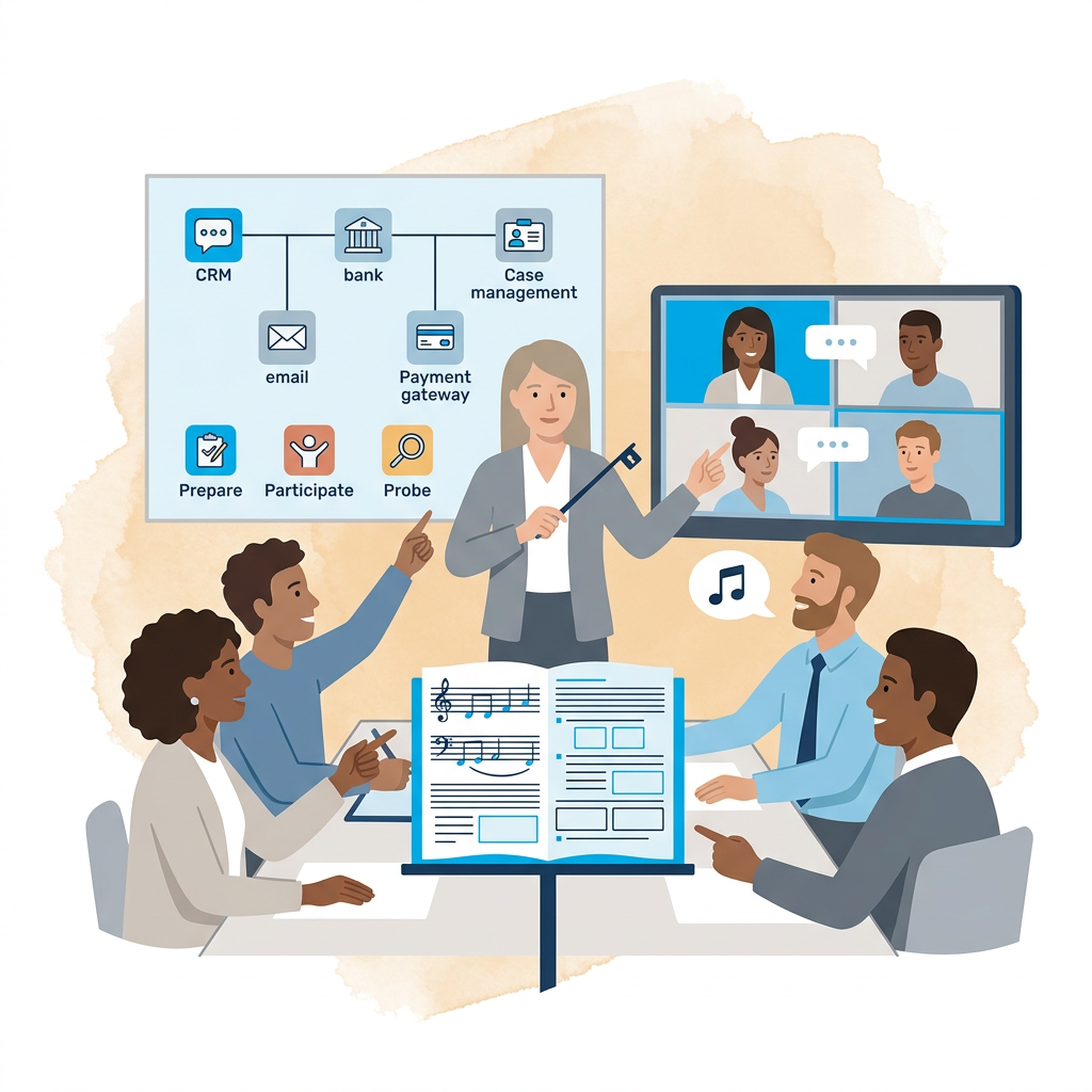 A diverse group of four people sit around a table in a meeting room, looking at an open workbook that mixes music notation and diagram-style layouts, while a facilitator at the front points to a large wall display. The display shows a simplified system map linking icons for CRM, bank, email, case management, and a payment gateway, with three labelled buttons underneath: “Prepare,” “Participate,” and “Probe.” On the right, a large screen shows four people in a video call with speech bubbles above them, suggesting remote participation. The scene conveys collaborative learning about a supply‑chain incident using musical metaphors and a mix of in‑person and virtual training.