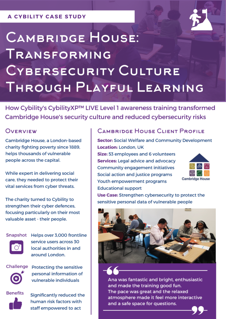 Cybility case-study cover page showing a purple-tinted photo of a CybilityXP LIVE cybersecurity-awareness workshop at Cambridge House. The page headline reads “Cambridge House: Transforming Cybersecurity Culture Through Playful Learning.”